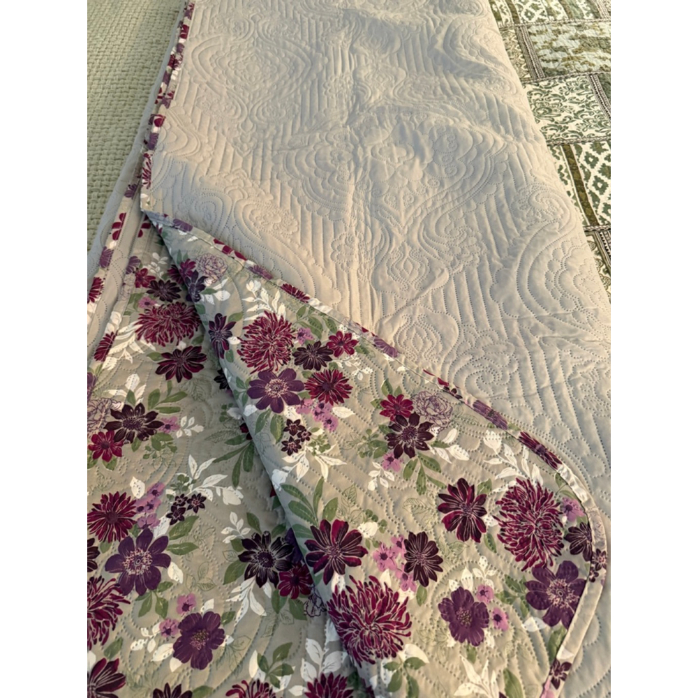 Floral Quilt Bedspread Set 3 Pc Full Queen Purple Green Quilted Coverlet w Shams - Picture 8 of 8